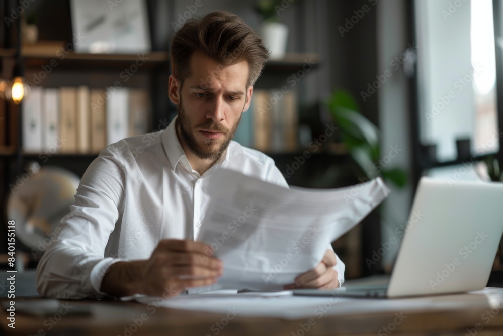 Man reads paper at desk with laptop Man reads paper at desk with laptop