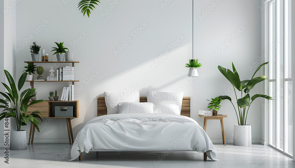 Bedroom interior, shelving, and indoor plants near a white wall Bedroom interior, shelving, and indoor plants near a white wall