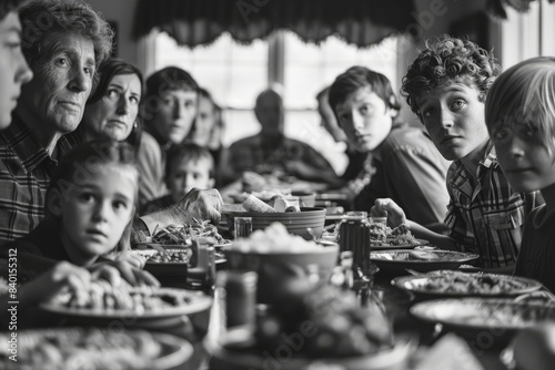 Family sitting at table with plates of food in black and white photo