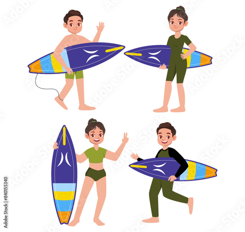 Human characters of surfers with their boards