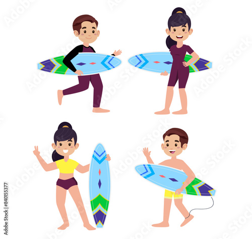 Human characters of surfers with their boards