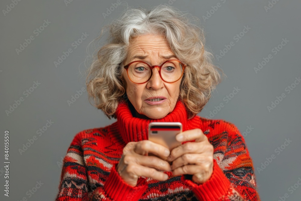 Elderly lady in crimson sweater with mobile phone, eyeing camera Elderly lady in crimson sweater with mobile phone, eyeing camera