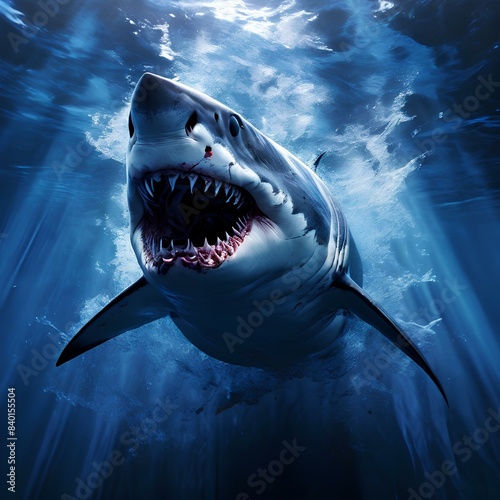 Great white shark slicing through blue sapphire waters kinetic ripples radiating from its massive fins.