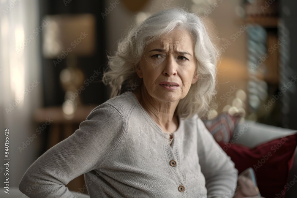 Elderly woman seated on sofa, hands on hips Elderly woman seated on sofa, hands on hips