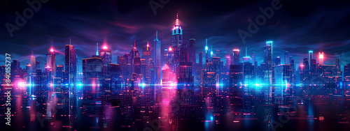 futuristic background features a city skyline composed entirely of neon circuitry