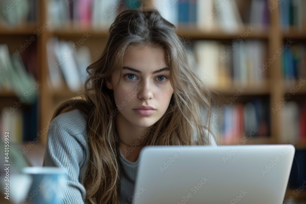 Female viewing laptop in library Female viewing laptop in library