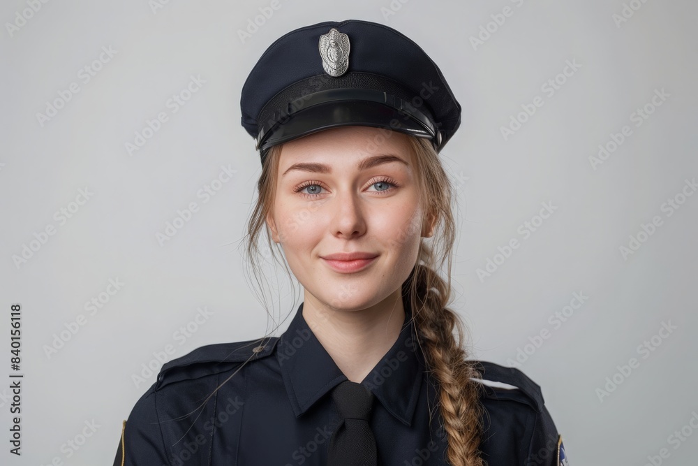 Studio Portrait Of Smiling Young Female Police Officer Against Plain Background Studio Portrait Of Smiling Young Female Police Officer Against Plain Background