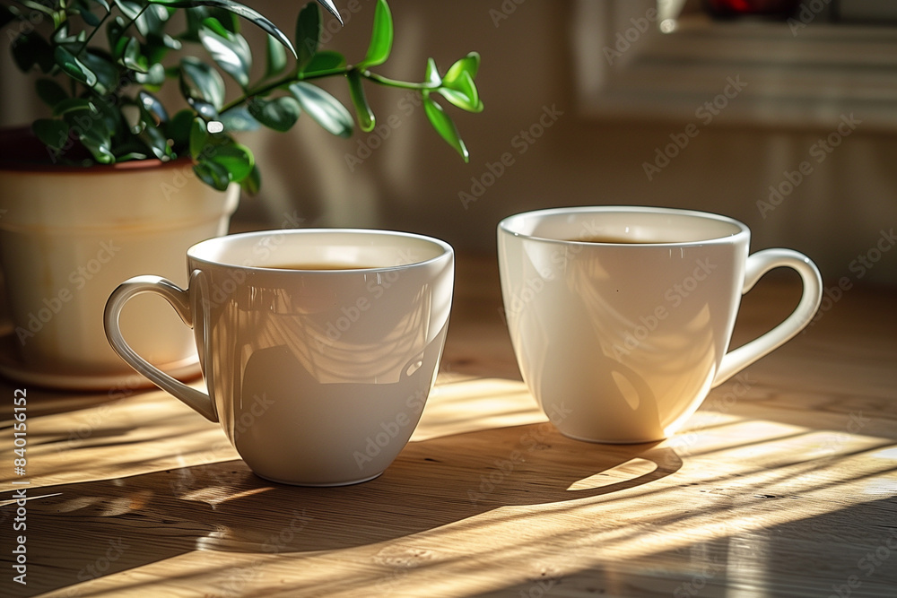 Fototapeta premium Two Coffee Cups on Sunlit Wooden Table