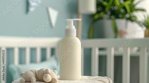 Blank Label Baby Lotion: A baby lotion bottle with no label next to a crib