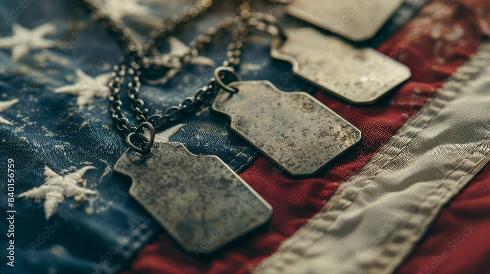 Weathered American Flag with Dog Tags, Symbol of Military Duty Stock ...