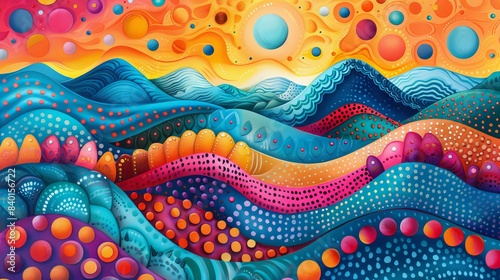 Vivid landscape featuring minimalist circles, dots, zigzag patterns, bright and colorful background