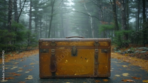 Vintage suitcase left by a quiet road, surrounded by trees, photographed in a raw, realistic style