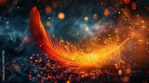 Vibrant feather on fire  surrounded by glittering particles  creating a magical and mysterious atmosphere