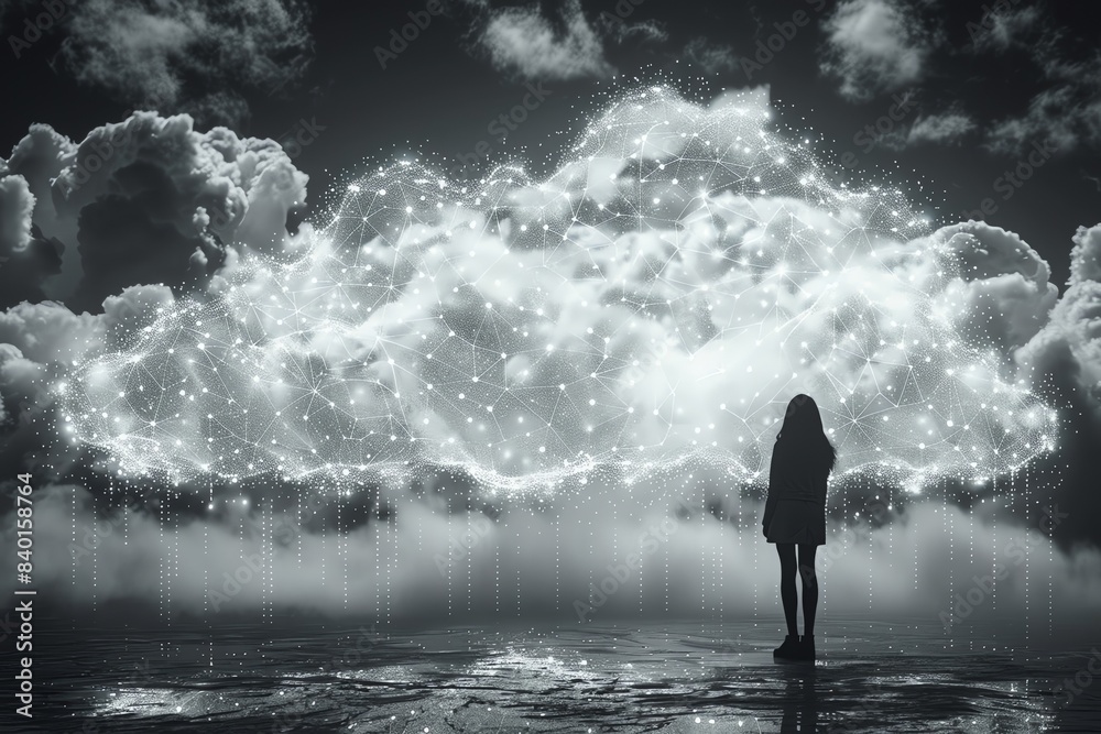 Obraz premium Silhouette of a person standing in front of an illuminated cloud with stars in a dreamlike, monochrome landscape.