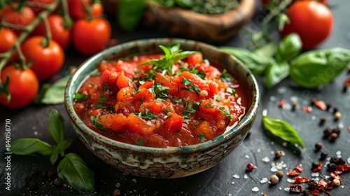 Top view of vibrant tomato sauce in a bowl, herbs artistically arranged beside, isolated background, studio lighting