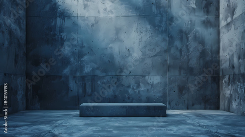 Dark, minimalist empty concrete room with textured walls, highlighting an isolated bench, evoking a sense of loneliness and solemnity. photo