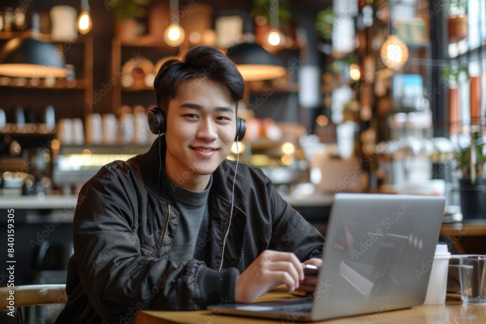 Man smiling, seated at table with laptop and headphones Man smiling, seated at table with laptop and headphones