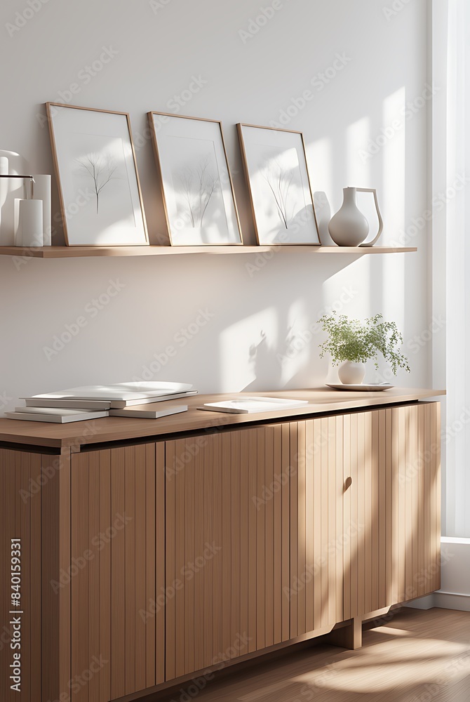 Contemporary modern home with clean minimalist interior, frame mockup for art, and elegant 3D rendering design

