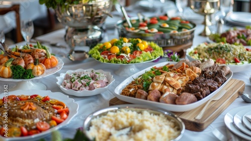 Traditional Eid Adha Feast with Various Dishes on a Lavish Table for Commercial Use