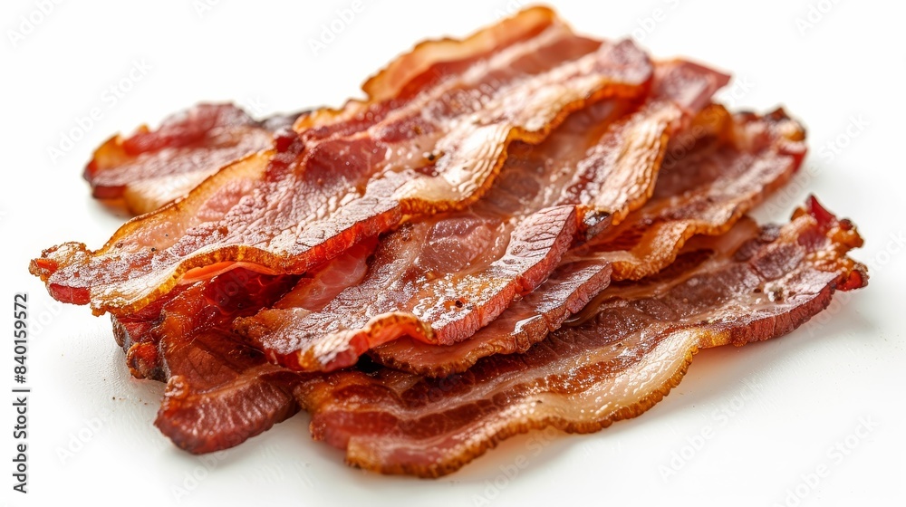 Top view of crispy bacon slices, isolated on a white background, studio lighting accentuating the golden edges, perfect for advertising Top view of crispy bacon slices, isolated on a white background, studio lighting accentuating the golden edges, perfect for advertising