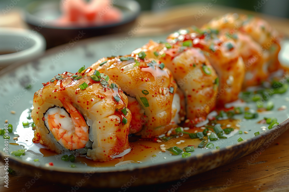 Close-up of Tempura Shrimp Sushi Roll with Spicy Sauce Close-up of Tempura Shrimp Sushi Roll with Spicy Sauce