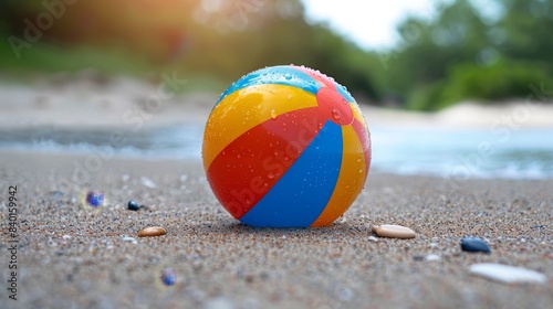 A vibrant beach ball sits on the sandy shore  glistening with water droplets  summer vacation.