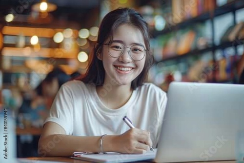 Happy woman using laptop and pen at table