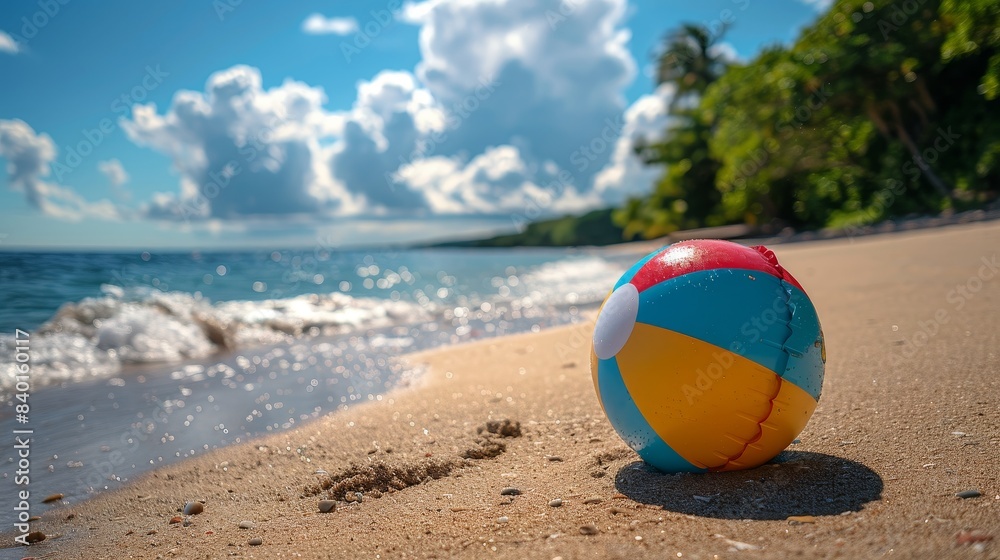A colorful beach ball rests on a sandy beach, awaiting the joy of playtime on a bright summer day, summer vacation.