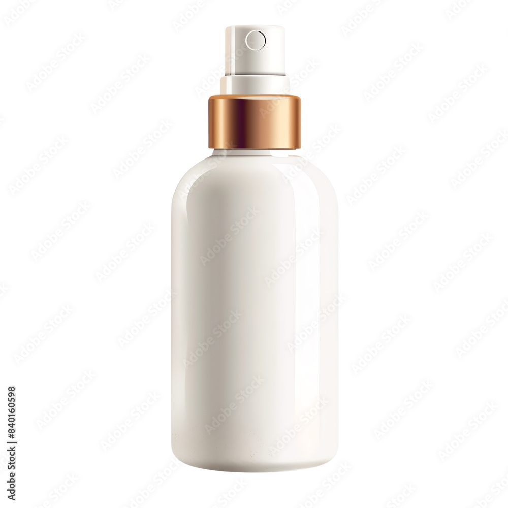 Close-up of an empty, white spray bottle with a gold cap isolated on a white background, commonly used for cosmetics and personal care products. Close-up of an empty, white spray bottle with a gold cap isolated on a white background, commonly used for cosmetics and personal care products.