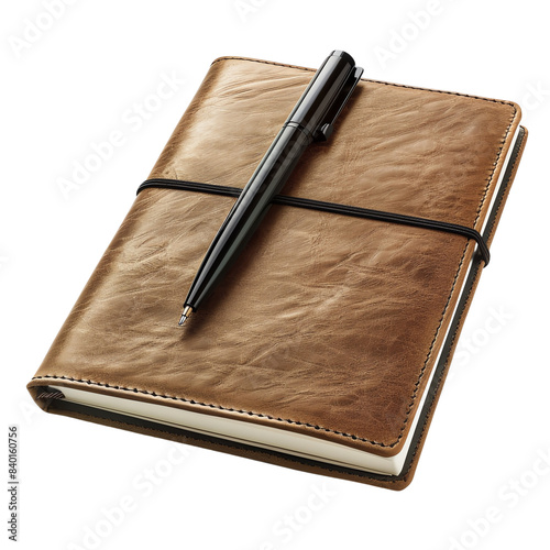 Elegant brown leather journal with black pen. Ideal for note-taking, journaling, and organizing thoughts. Timeless and professional design.