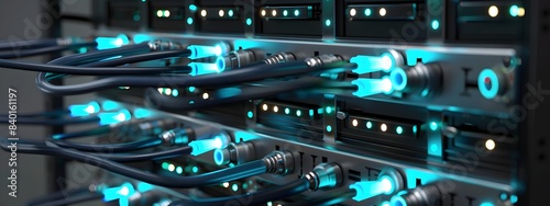 Futuristic Fiber Optic Network Node with Multiple Digital Connections in 3D Rendering © Bos Amico