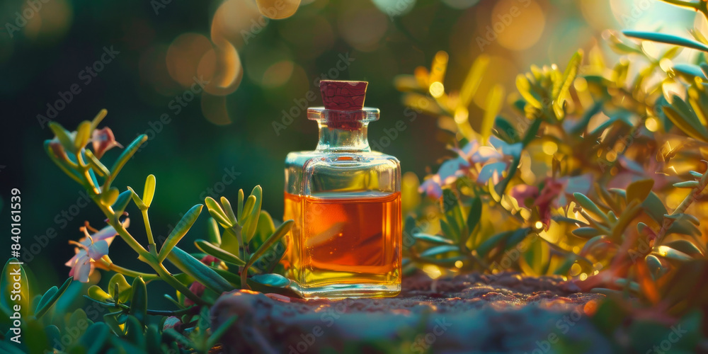A small glass bottle of essential oil placed amidst green foliage and tiny white flowers. The sunlight filtering through the leaves creates a warm, serene atmosphere. A small glass bottle of essential oil placed amidst green foliage and tiny white flowers. The sunlight filtering through the leaves creates a warm, serene atmosphere.