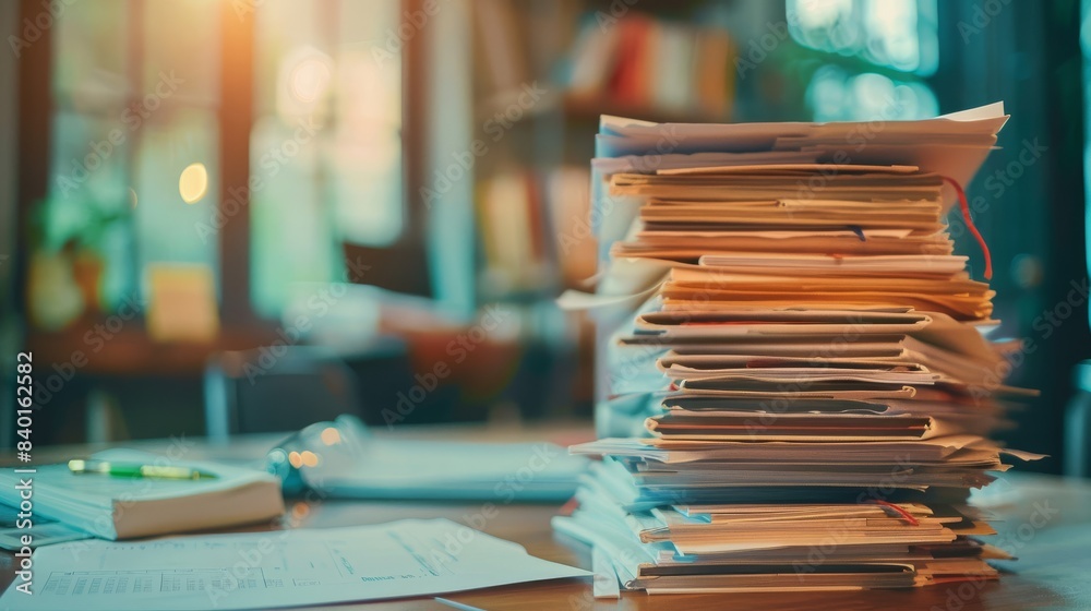 Busy desk overwhelmed by towering paperwork stack Busy desk overwhelmed by towering paperwork stack