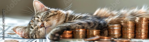 A tranquil feline naps amid stacks of coins and bills, symbolizing wealth and comfort, perfect for financial or luxury pet product themes photo