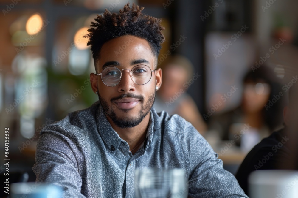Man glasses sit table drink Man glasses sit table drink