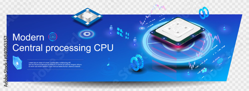 Futuristic PC processor with neon hologram on transparent background. Process operation multi-core processor of the latest model. Rendering processor. Powerful chip with server. Cyber banner concept