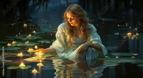 A beautiful ethereal woman kneels in a pond surrounded by lily pads and glowing flowers.