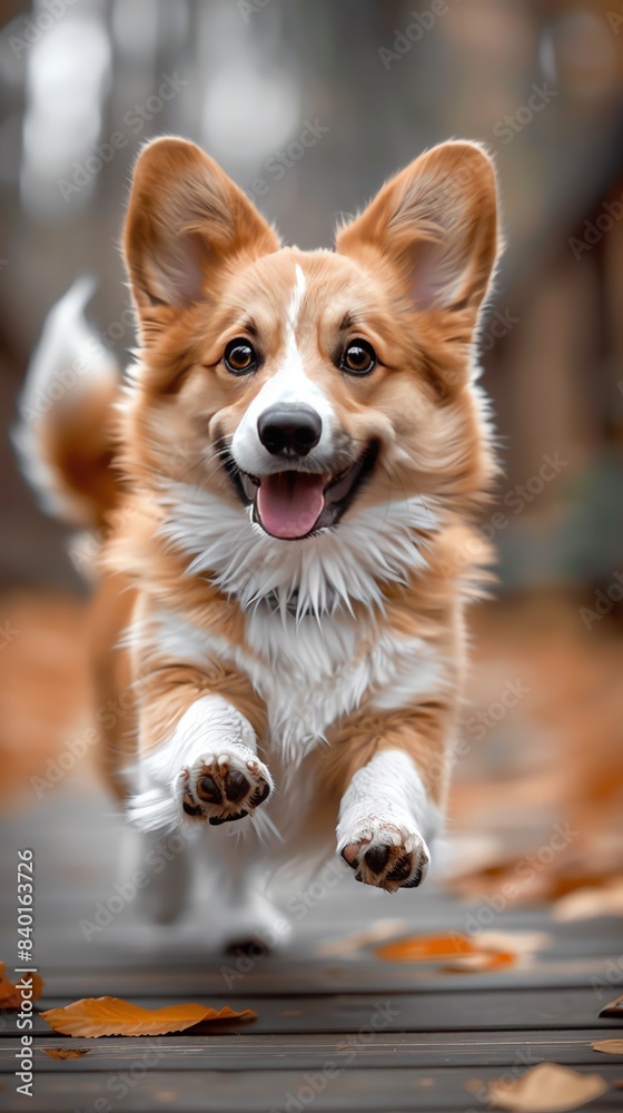 Joyful Corgi dog running on a pathway in an autumn forest, surrounded by fallen leaves, capturing the essence of happiness and playfulness. Joyful Corgi dog running on a pathway in an autumn forest, surrounded by fallen leaves, capturing the essence of happiness and playfulness.
