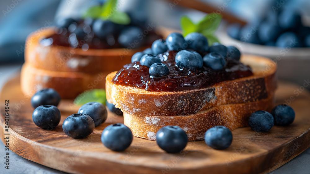 Toasted bread with jam and blueberries on white marble table in kitchen. Toasted bread with jam and blueberries on white marble table in kitchen.