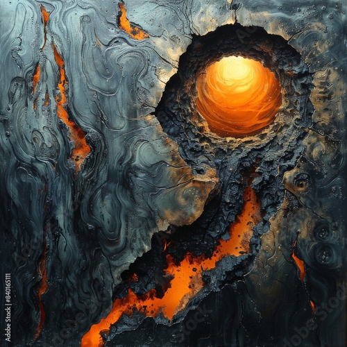 Volcano painting with eyeshaped hole, geology and human body inspired