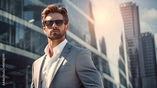 A confident businessman in a suit smiling in an urban office settingA confident businessman in a suit smiling in an urban office setting photo