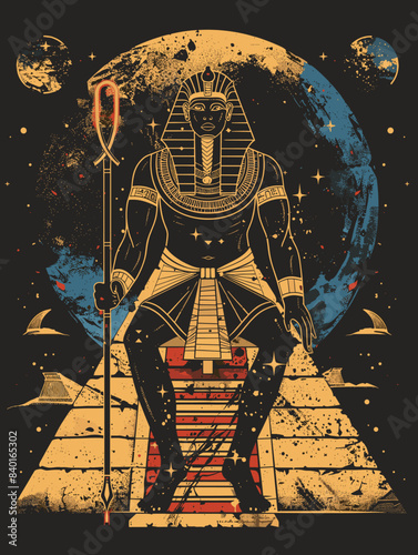 Egyptian pharaoh on the background of the moon. Vector illustration