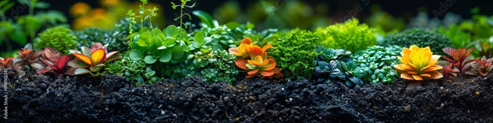 A colorful row of plants sprouting from the soil in a natural landscape A colorful row of plants sprouting from the soil in a natural landscape