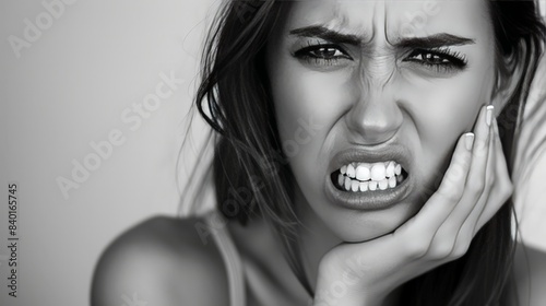  woman with her hand on her jaw and a stressed expression, showing pain from teeth grinding (bruxism).  photo