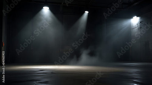 An image of a dark empty street with a spotlight with concrete floor and smoke on the ground for product display with copy space, background  © Prateek