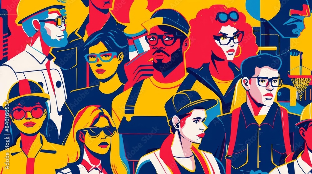Dynamic Labor Day workforce illustration showing workers in different professions, colorful and determined Dynamic Labor Day workforce illustration showing workers in different professions, colorful and determined