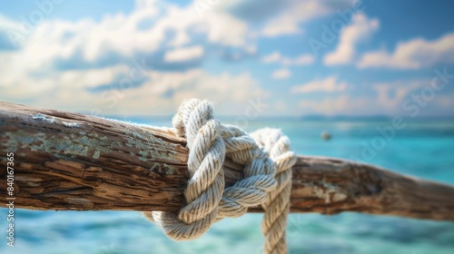 Seaside Serenity CloseUp of Hammock Knots on Driftwood Post Against Ocean Horizon