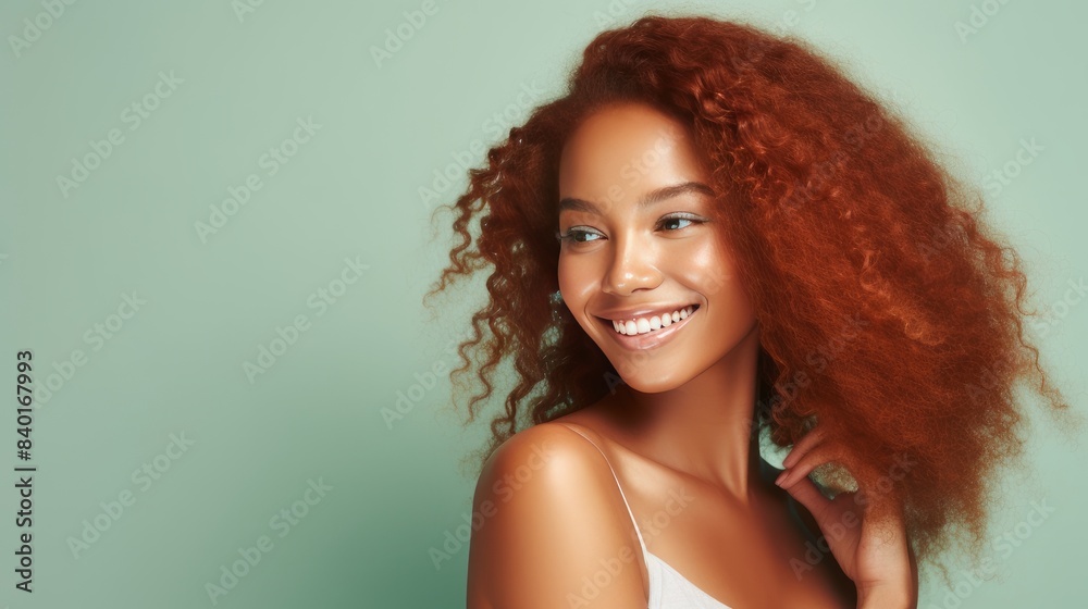 Beautiful, sexy, happy smiling dark-skinned African American woman with perfect skin and red hair, on a green background, banner. Beautiful, sexy, happy smiling dark-skinned African American woman with perfect skin and red hair, on a green background, banner.