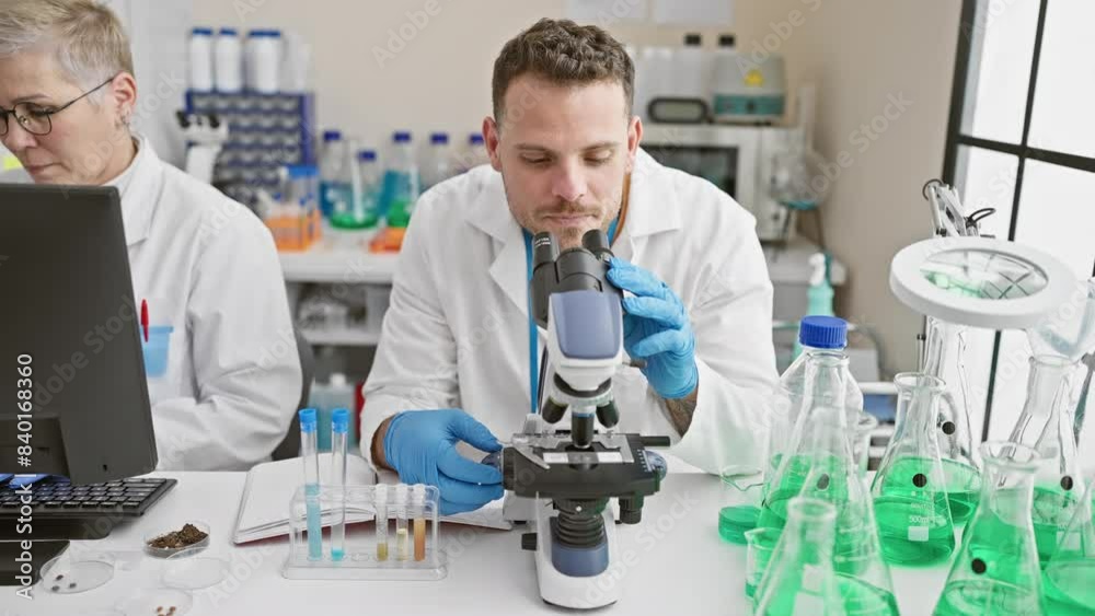 A man and woman in a laboratory, with the man using a microscope and the woman at a computer, surrounded by scientific equipment. A man and woman in a laboratory, with the man using a microscope and the woman at a computer, surrounded by scientific equipment.