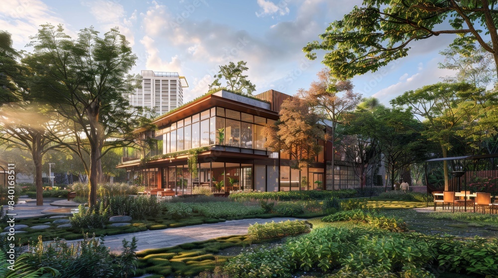 Urban Oasis Modern Community Center with Glass Facade and Vibrant Gardens for Local Events and Gatherings Urban Oasis Modern Community Center with Glass Facade and Vibrant Gardens for Local Events and Gatherings